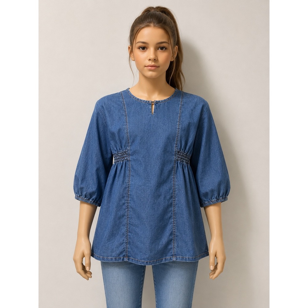 Hayden Girls Blue Denim Smocked Waist Tunic Top Puff Sleeve G2238S Size S